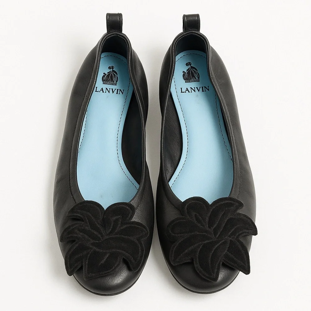 Lanvin Black Ballet Flats with Flower Appliqué - Picture 2 of 13